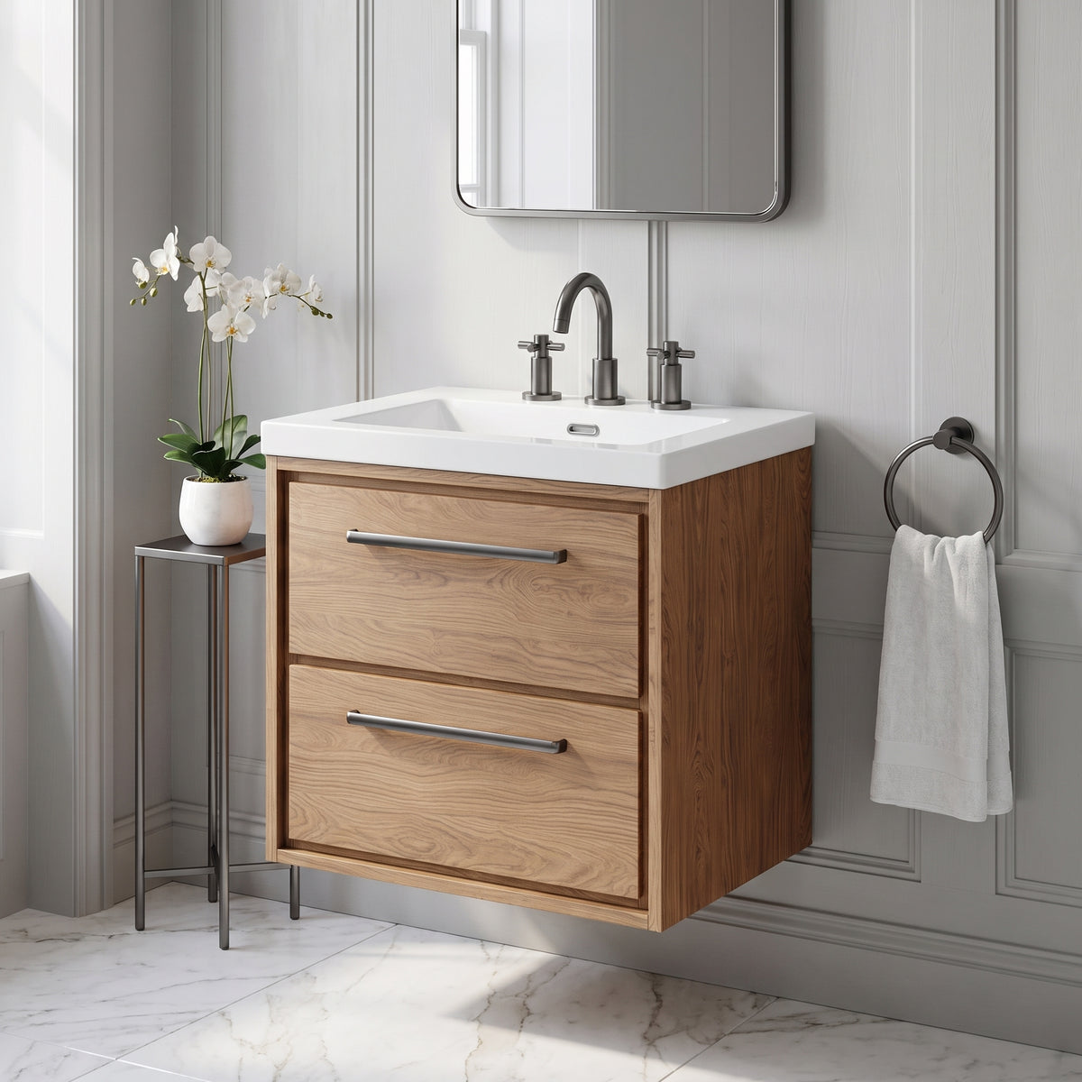Fairford Tisse Antique Oak 600mm 2 Drawer Wall Hung Vanity Unit with 3 Tap Hole Basin