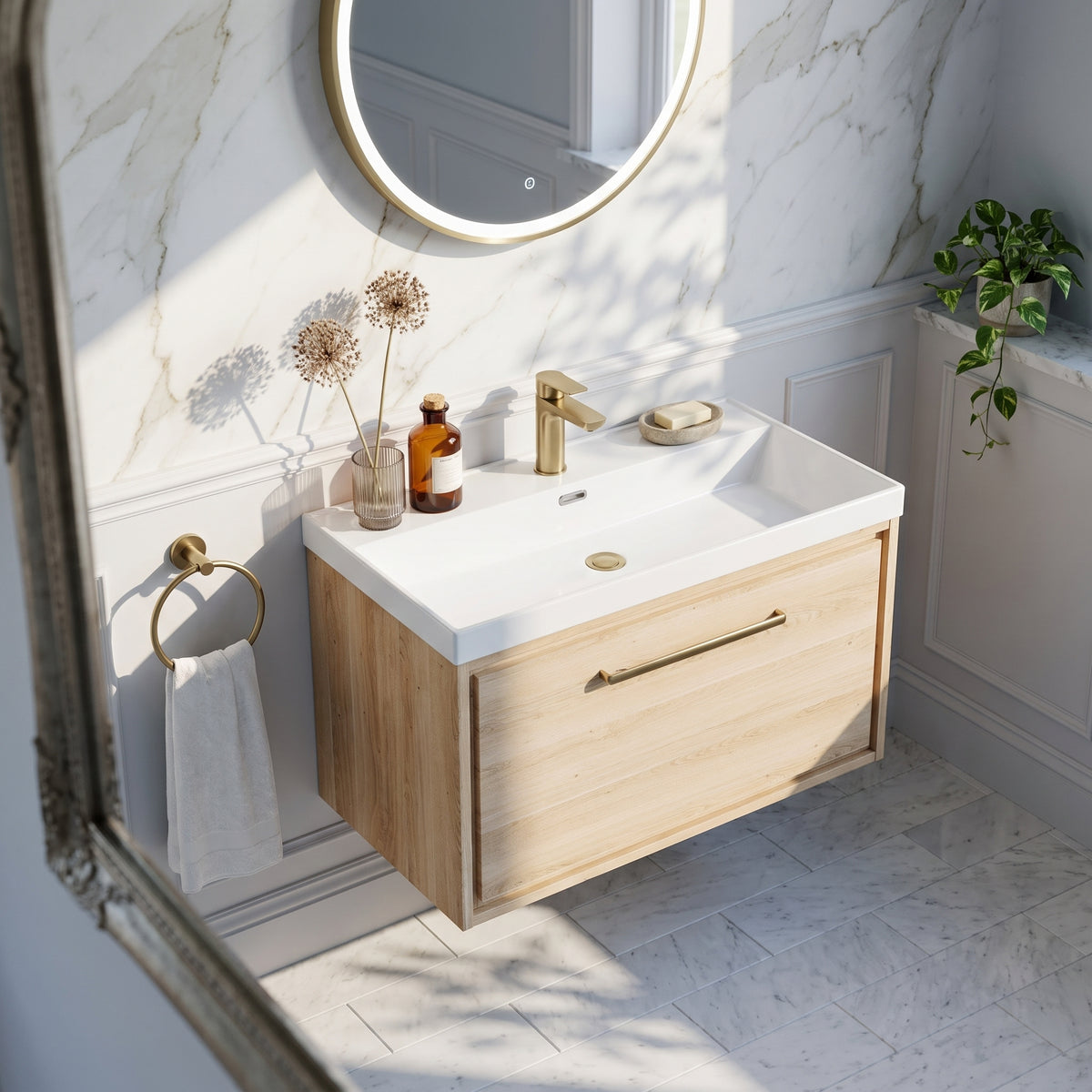 Fairford Tisse Bleached Oak 800mm 1 Drawer Wall Hung Vanity Unit with Thin Edged Basin