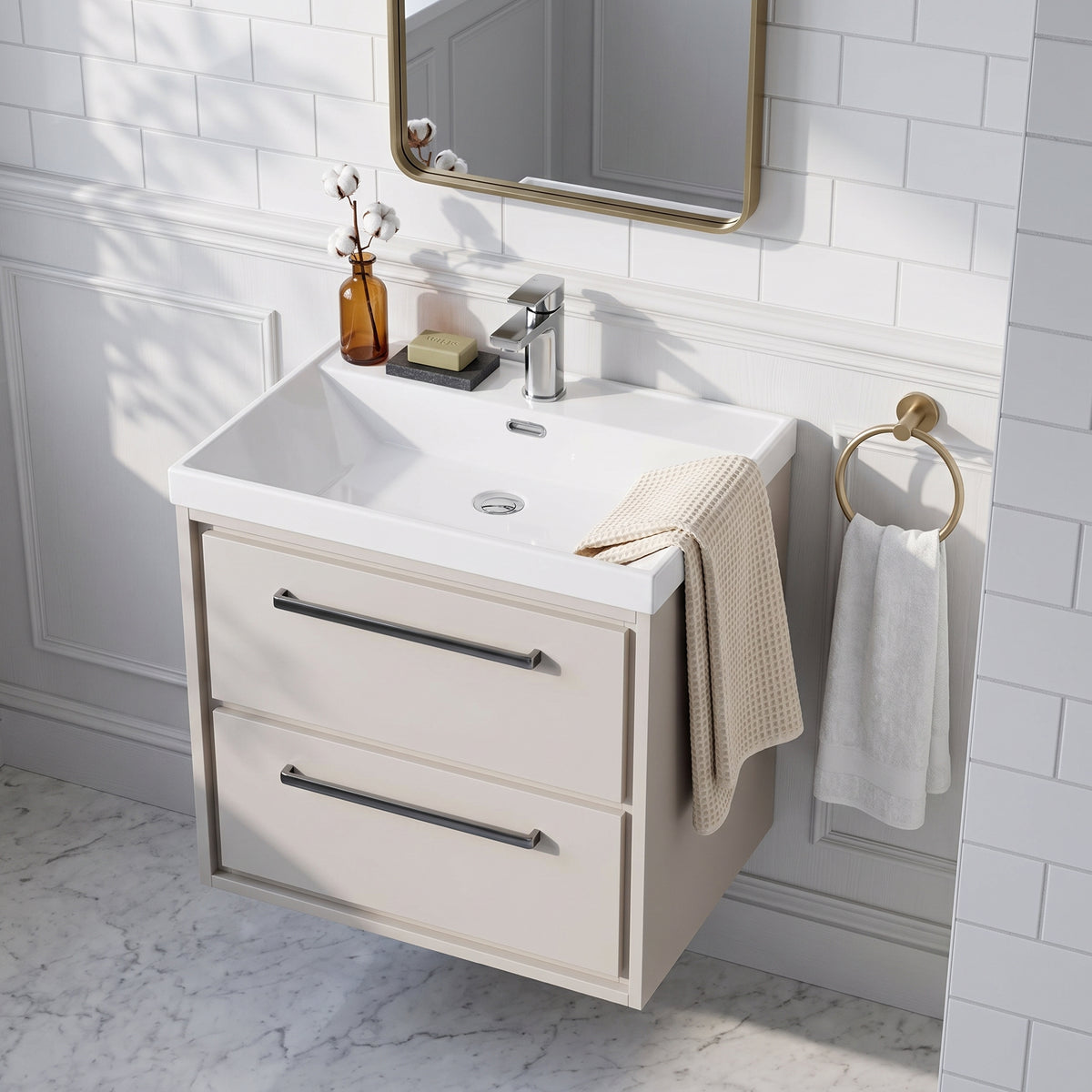 Fairford Tisse Pebble Grey 600mm 2 Drawer Wall Hung Vanity Unit with Thin Edged Basin