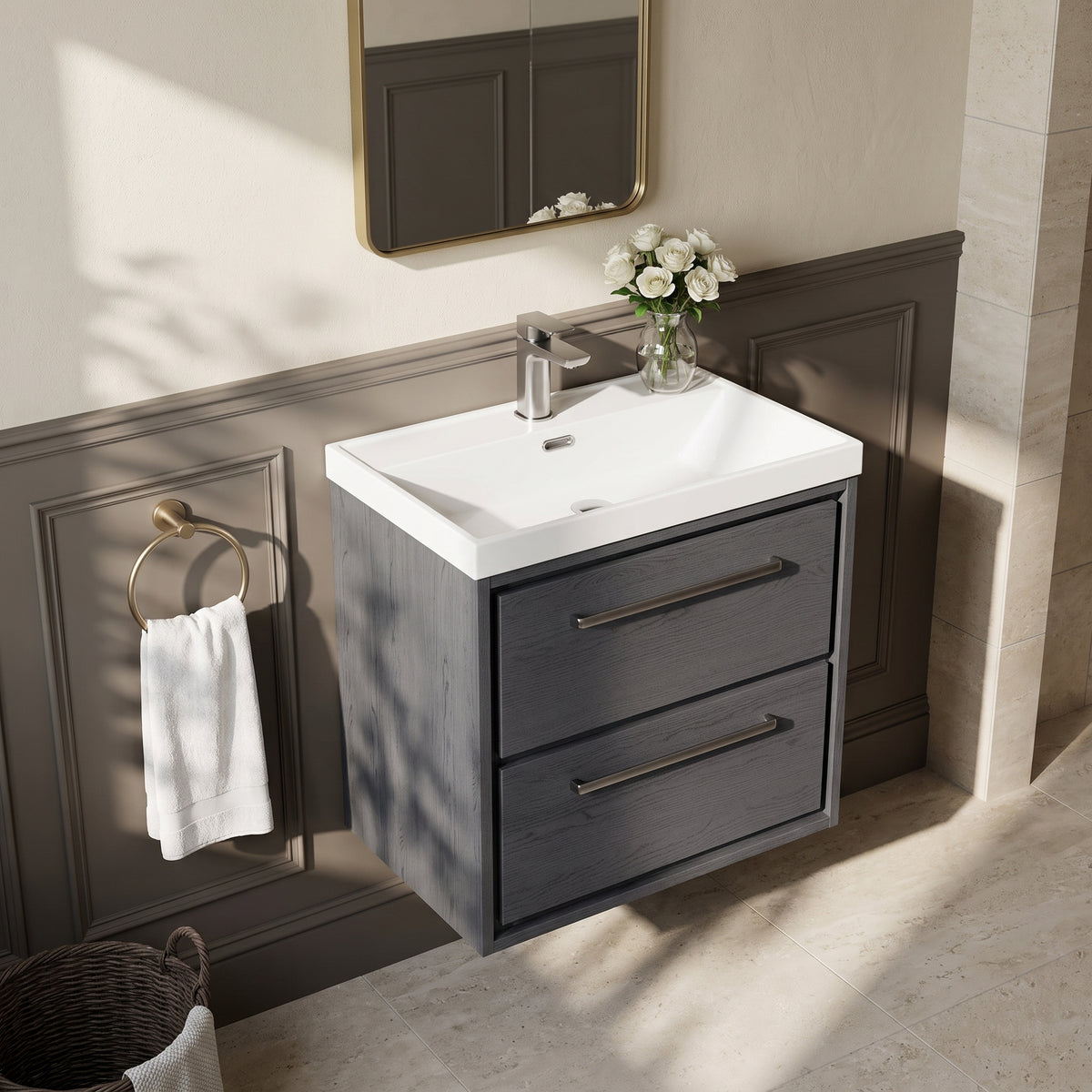 Fairford Tisse Graphite Grey Woodgrain 600mm 2 Drawer Wall Hung Vanity Unit with Thin Edged Basin