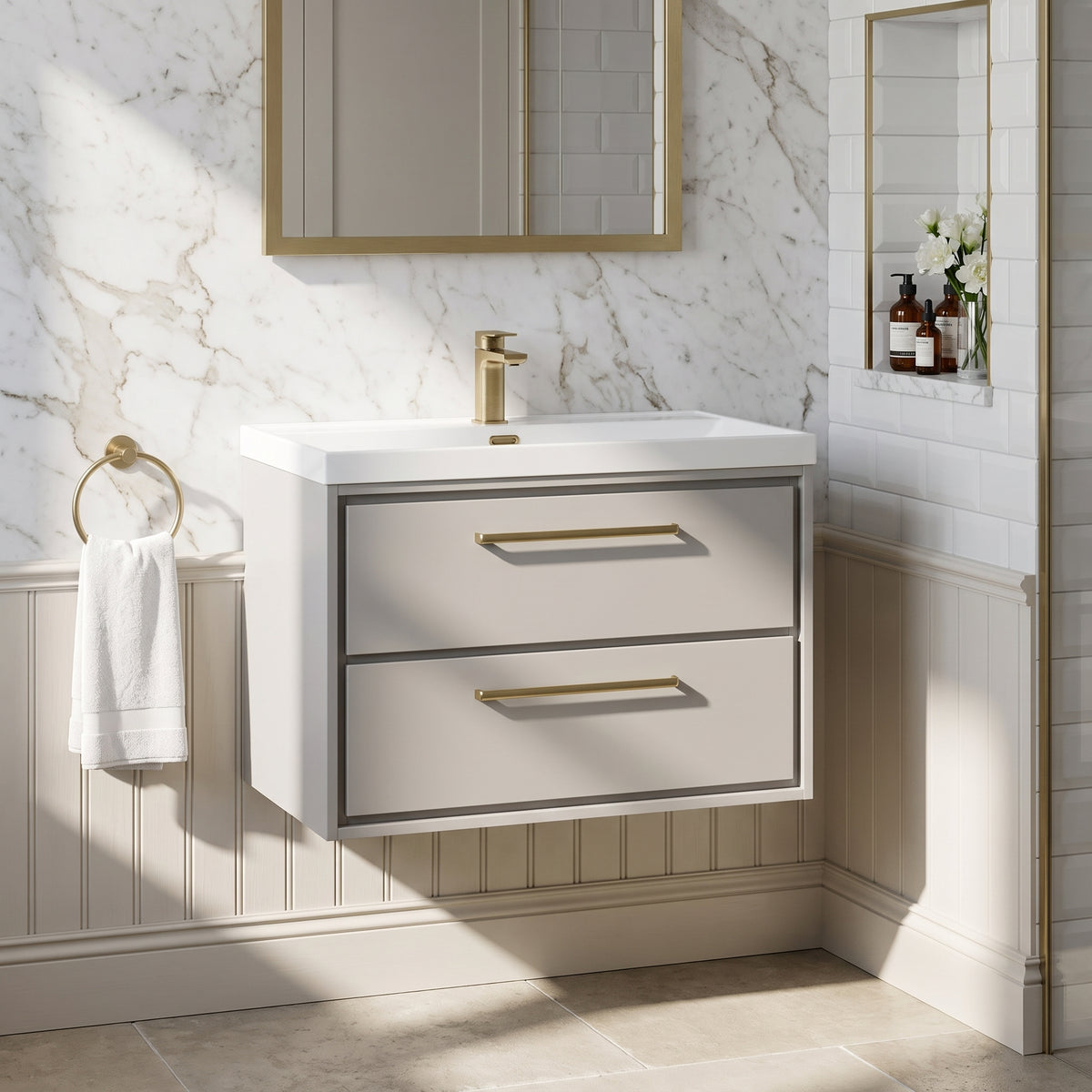 Fairford Tisse Pebble Grey 800mm 2 Drawer Wall Hung Vanity Unit with Thin Edged Basin