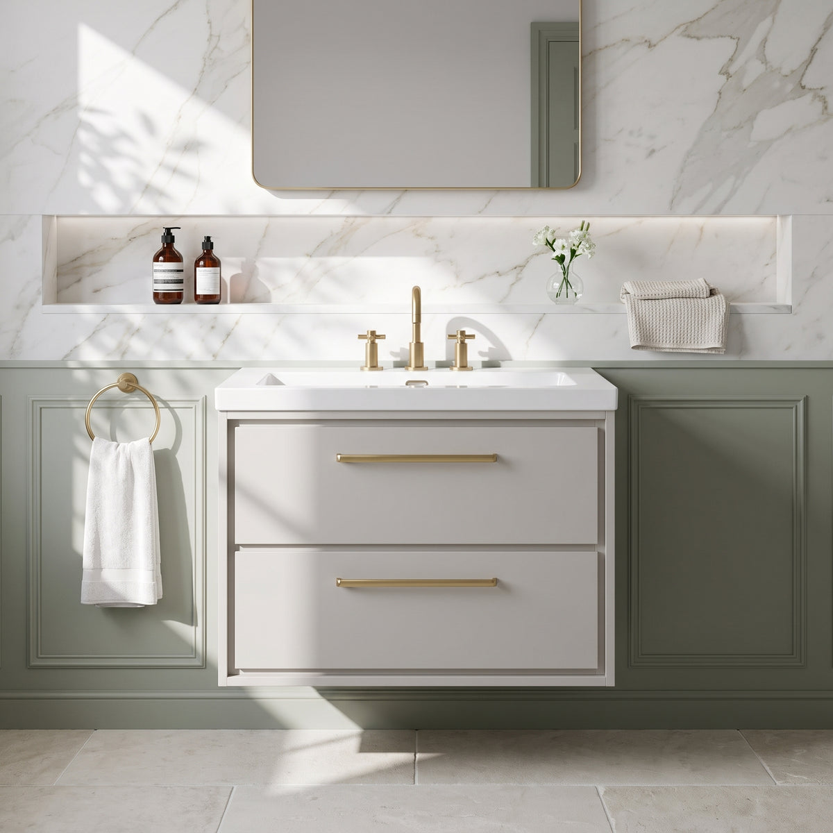 Fairford Tisse Pebble Grey 800mm 2 Drawer Wall Hung Vanity Unit with 3 Tap Hole Basin