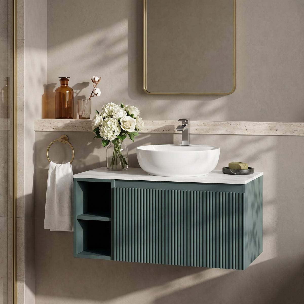 Fairford Sophia Smoked Sage 800mm Wall Hung Vanity Unit with Left Hand Storage and Worktop