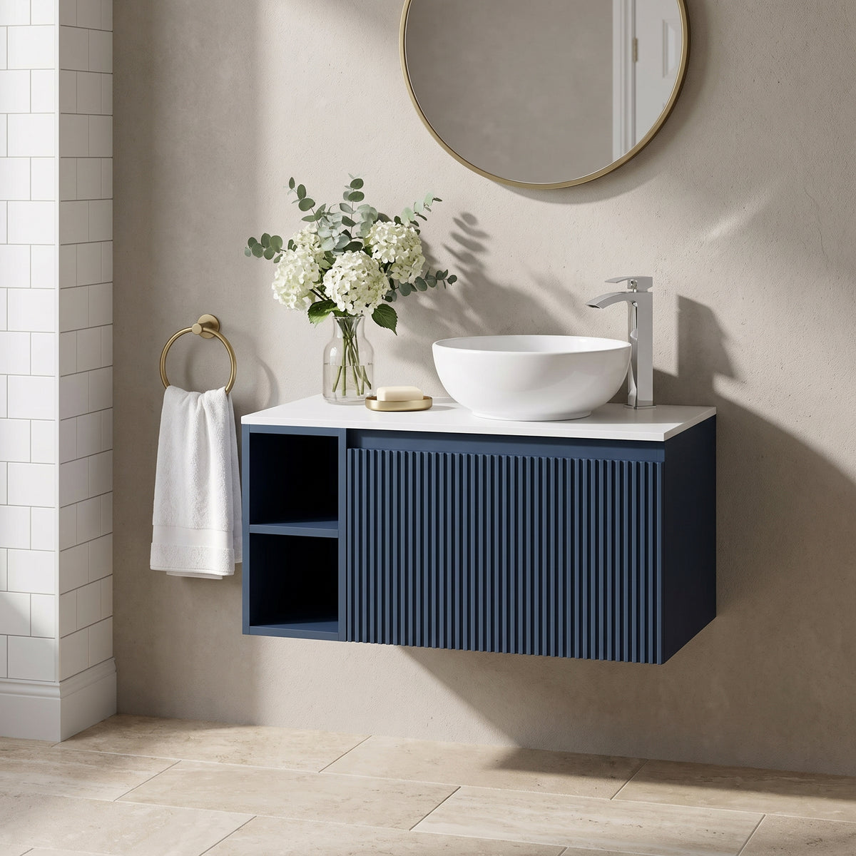 Fairford Sophia Midnight Shadow 800mm Wall Hung Vanity Unit with Left Hand Storage and Worktop