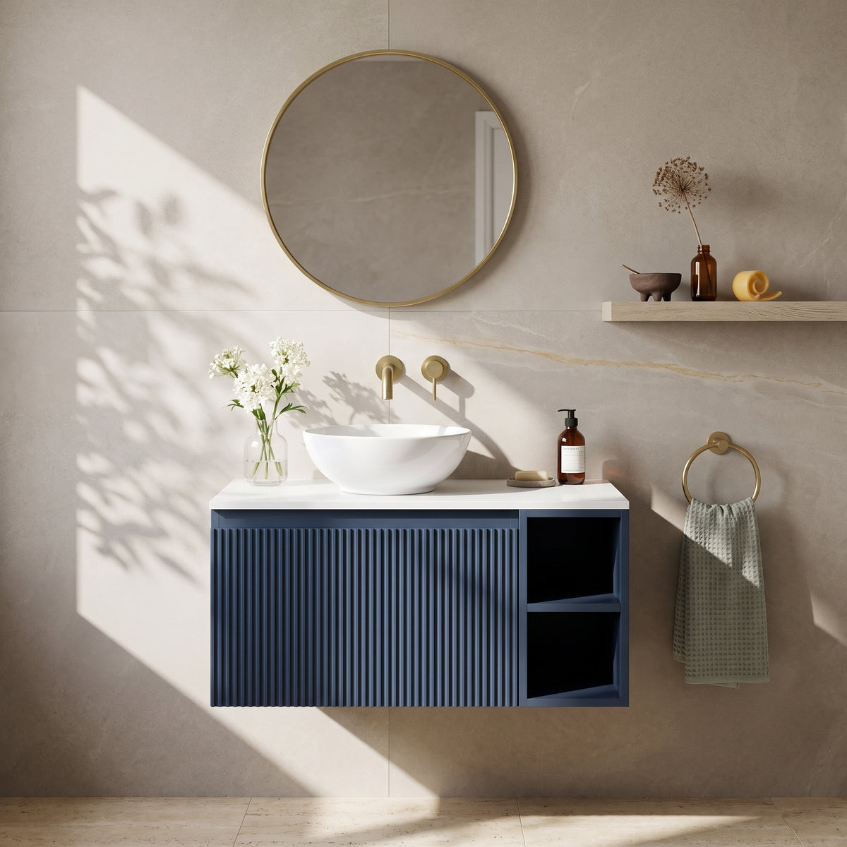 Fairford Sophia Midnight Shadow 800mm Wall Hung Vanity Unit with Right Hand Storage and Worktop