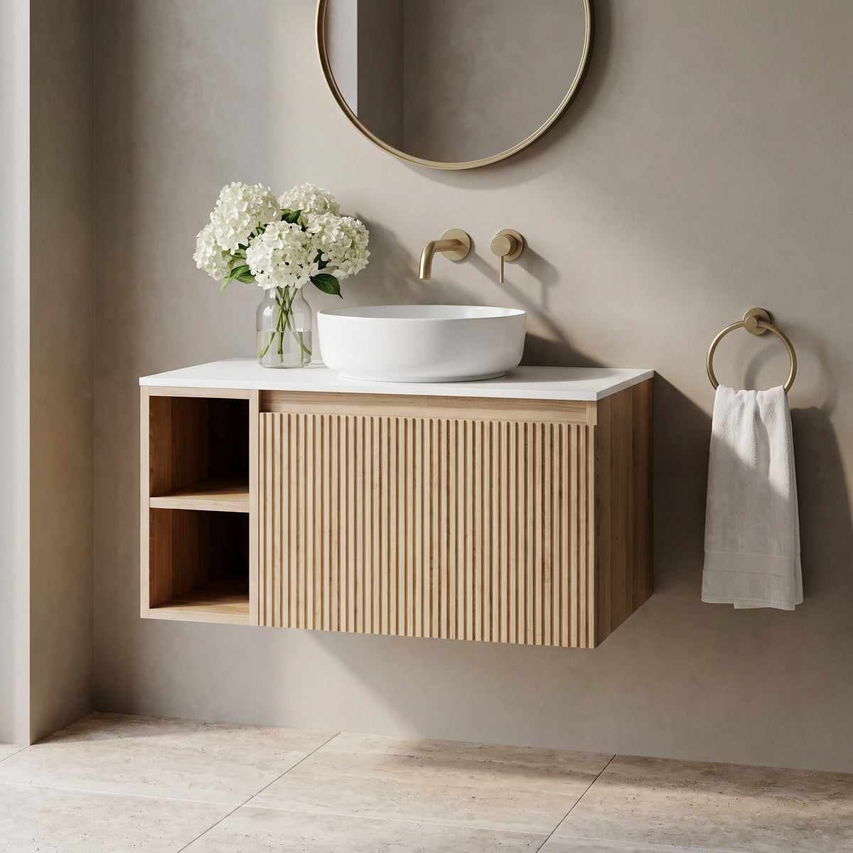 Fairford Sophia Country Oak 800mm Wall Hung Vanity Unit with Left Hand Storage and Worktop