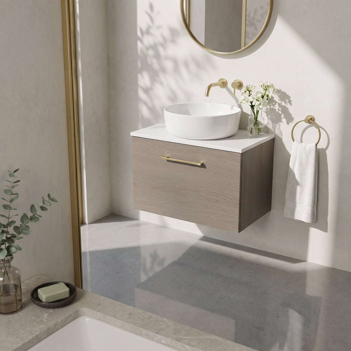 Fairford Aspri Solace Oak 600mm 1 Drawer Wall Hung Vanity Unit