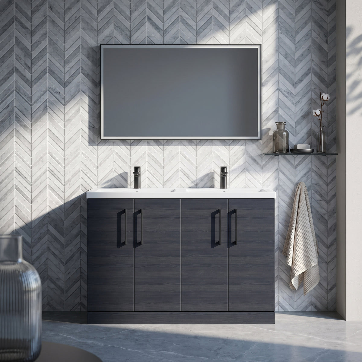 Fairford Aspri Black Woodgrain 1200mm Floorstanding Double Vanity Unit with Doors and Basin