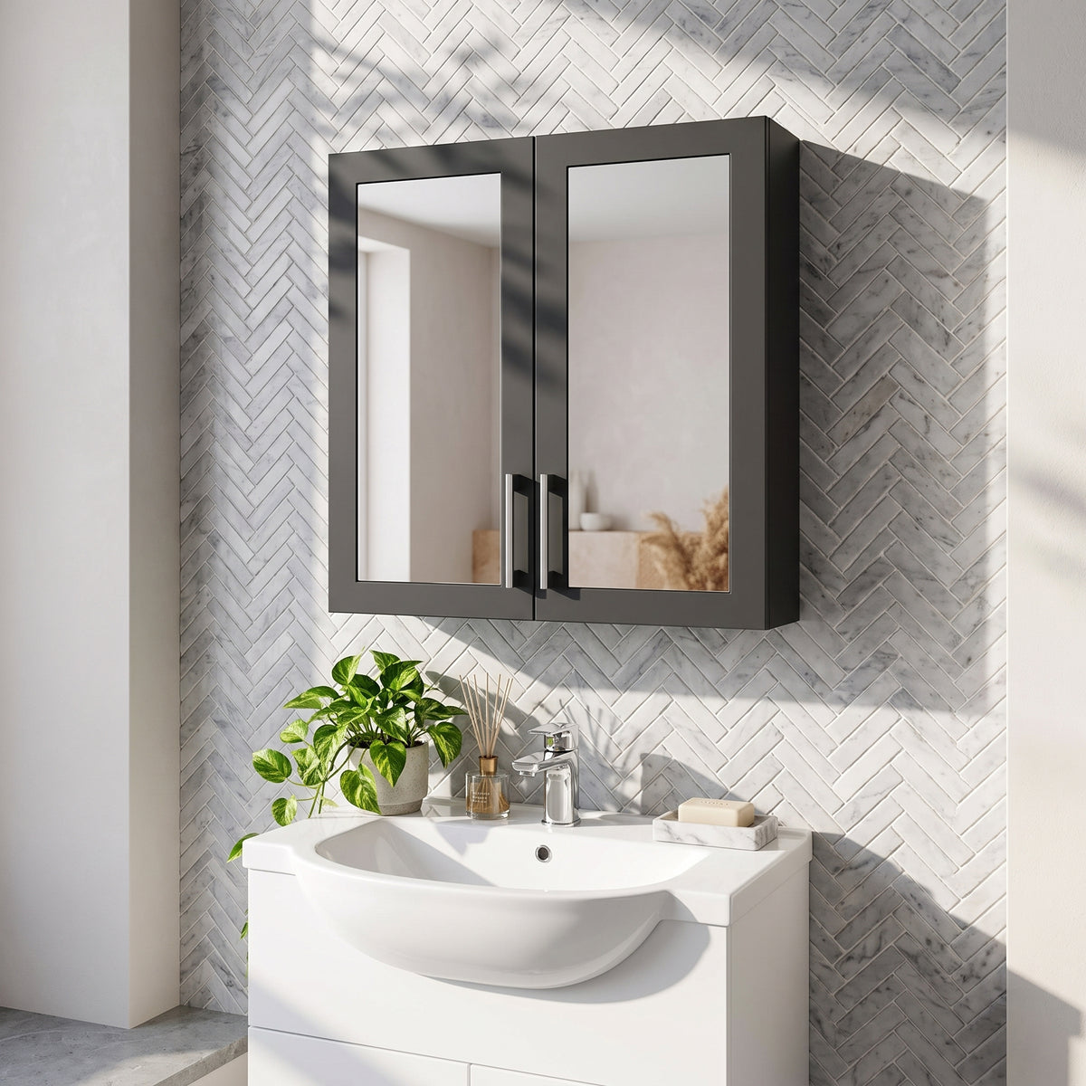 Fairford Union Style Shaker Matt Soft Black 600mm Mirror Cabinet