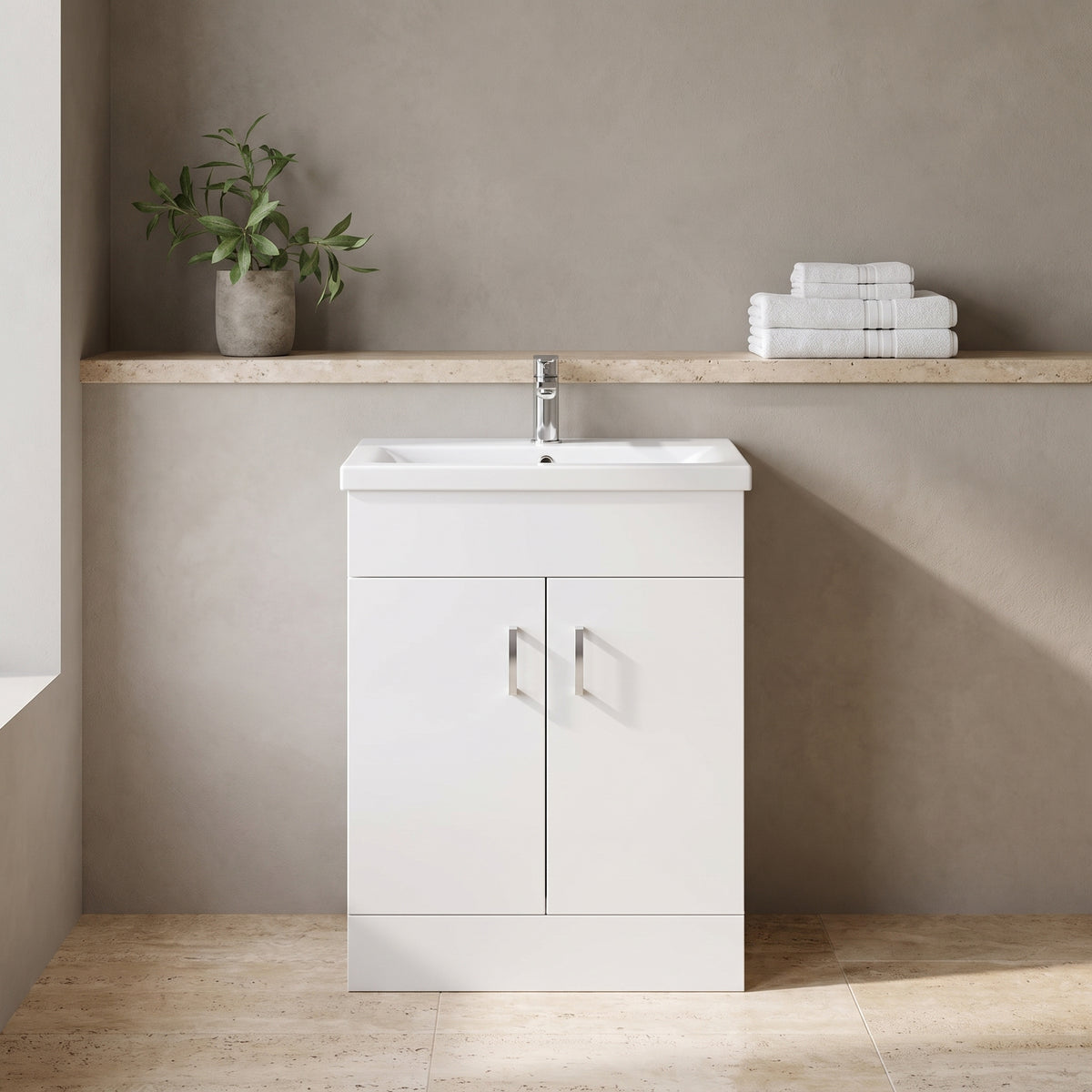 Fairford Kingsly Gloss White 600mm Floor Standing Vanity Unit — Warm-Neutral Stone lifestyle