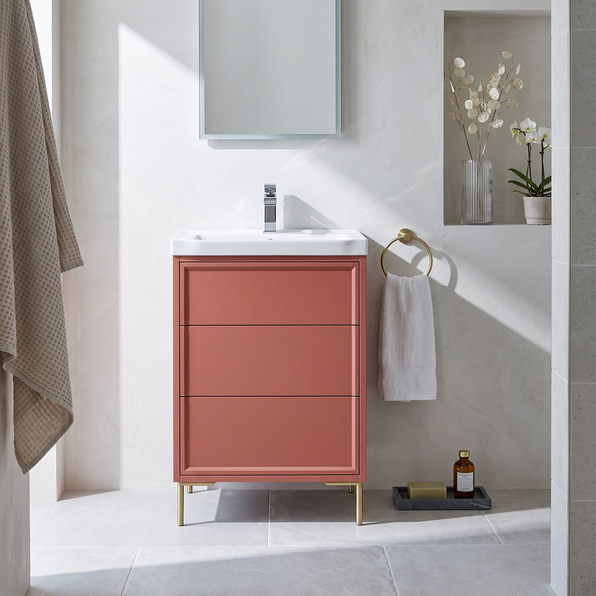 Fairford Elan Dusk Red 600mm Floorstanding Vanity Unit with Brushed Brass Legs