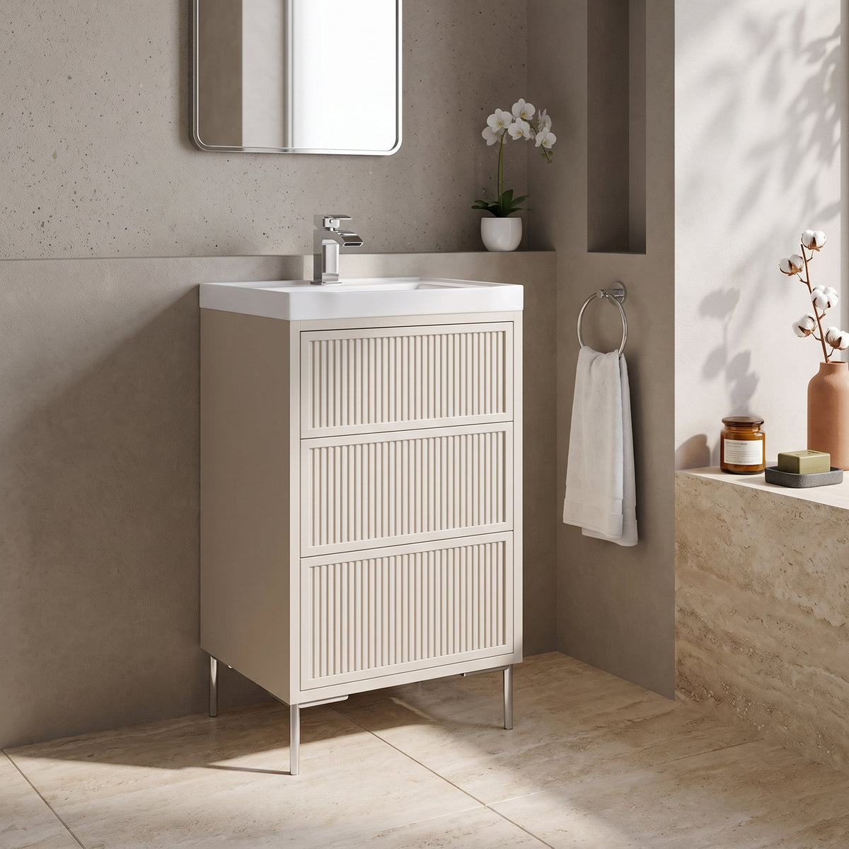 Fairford Elan Fluted Sandstone 500mm Floorstanding Vanity Unit with Chrome Legs