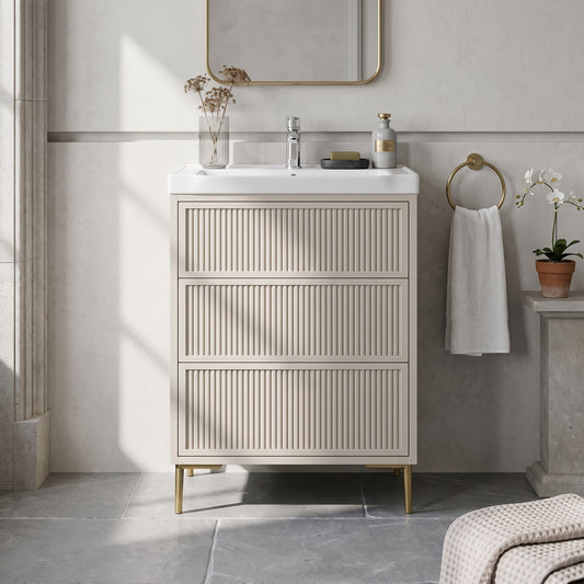 Fairford Elan Fluted Sandstone 600mm Floorstanding Vanity Unit with Brushed Brass Legs