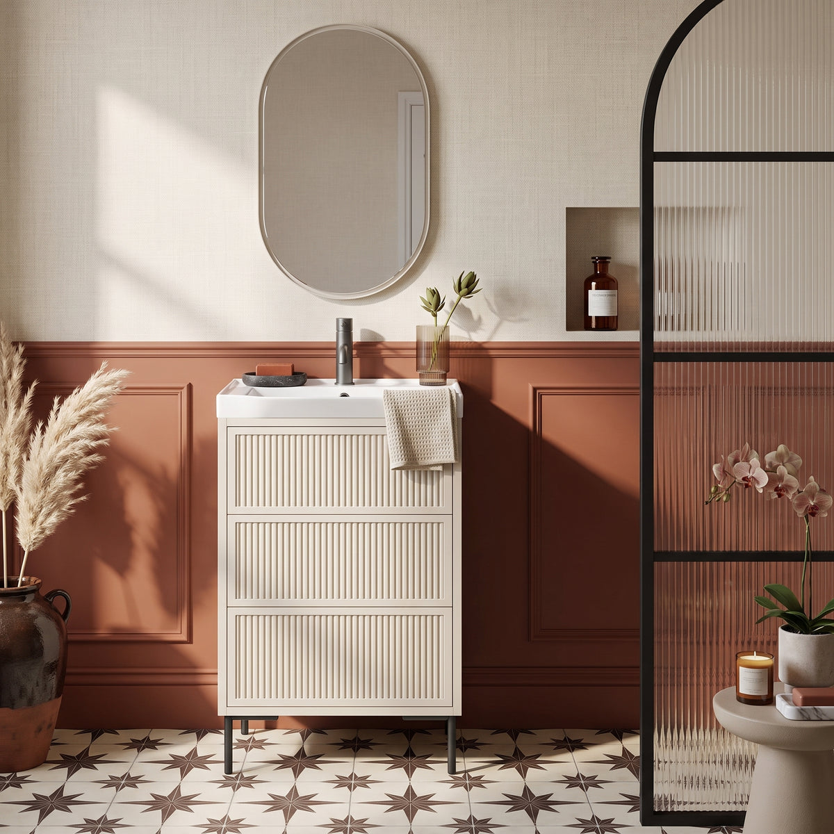Fairford Elan Fluted Sandstone 500mm Floorstanding Vanity Unit with Matt Black Legs