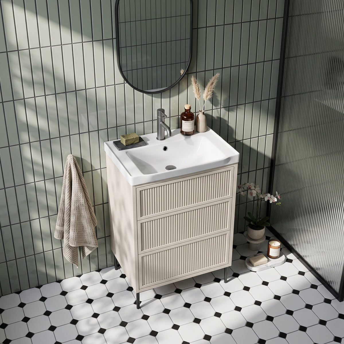 Fairford Elan Fluted Sandstone 600mm Floorstanding Vanity Unit with Matt Black Legs