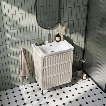 Fairford Elan Fluted Sandstone 600mm Floorstanding Vanity Unit with Matt Black Legs