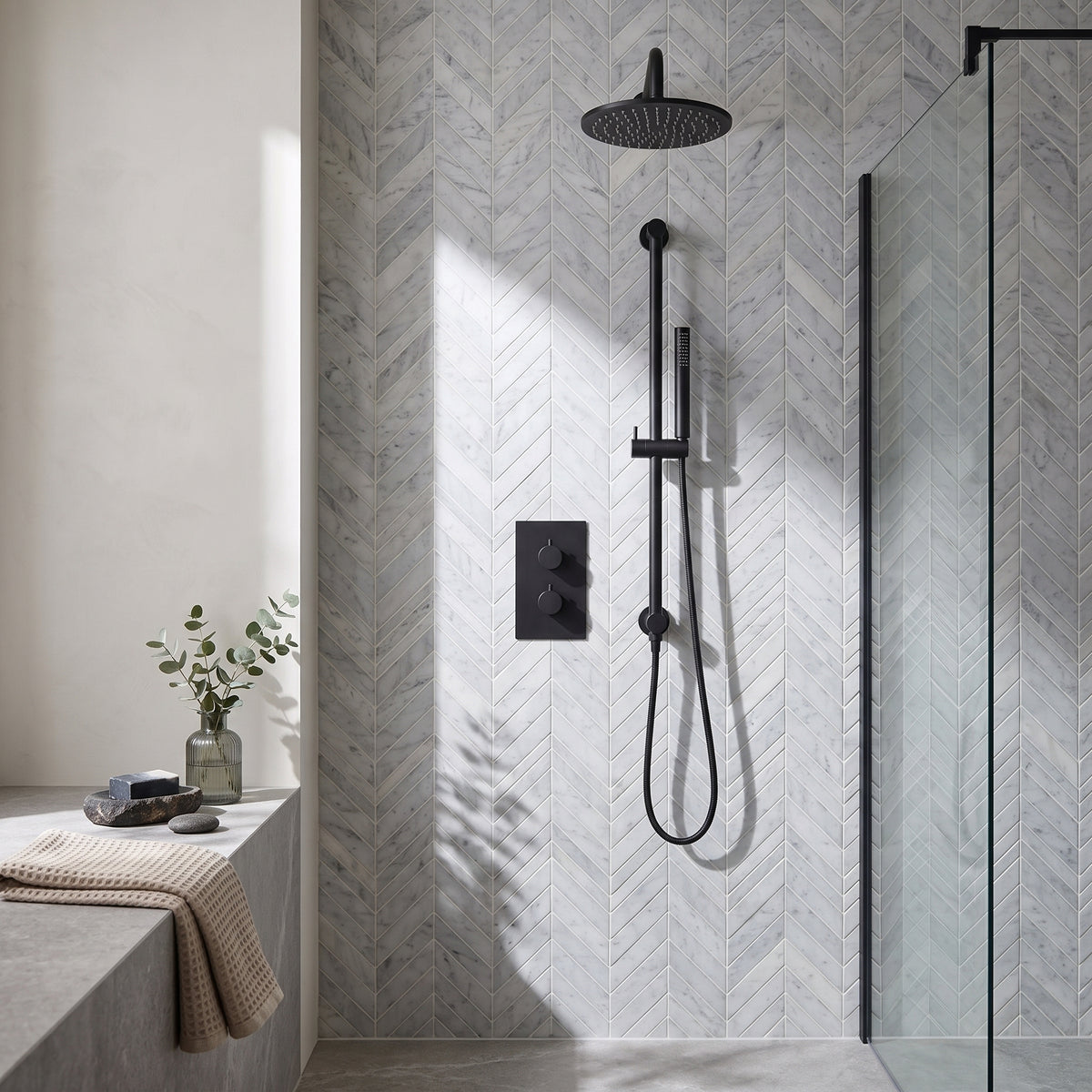 Fairford Element 7 Matt Black Concealed Shower Kit with Overhead, Handset and Overflow Filler