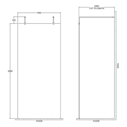 Fairford 900mm 8mm Wetroom Screen, 2 Support Arms, 1950mm