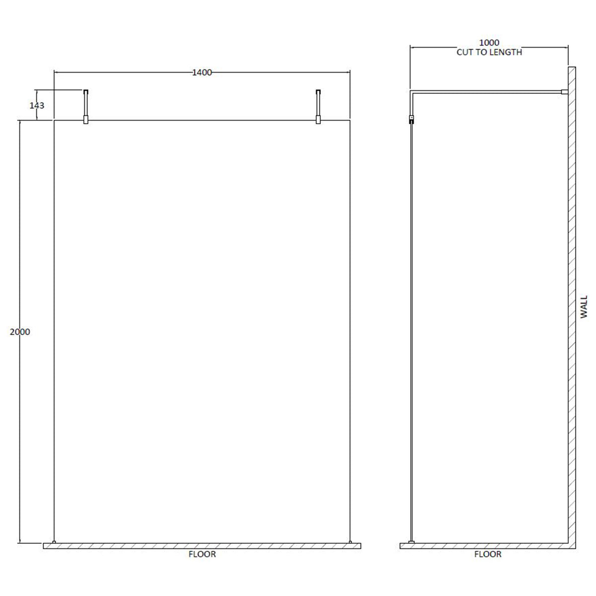 Fairford 1400mm 8mm Wetroom Screen, 2 Support Arms, 1950mm