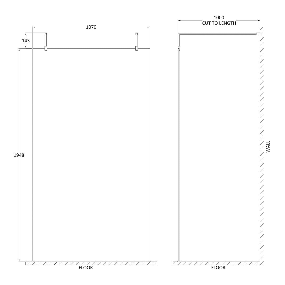 Fairford 1100mm 8mm Matt Black Framed Wetroom Screen, 2 Support Arms