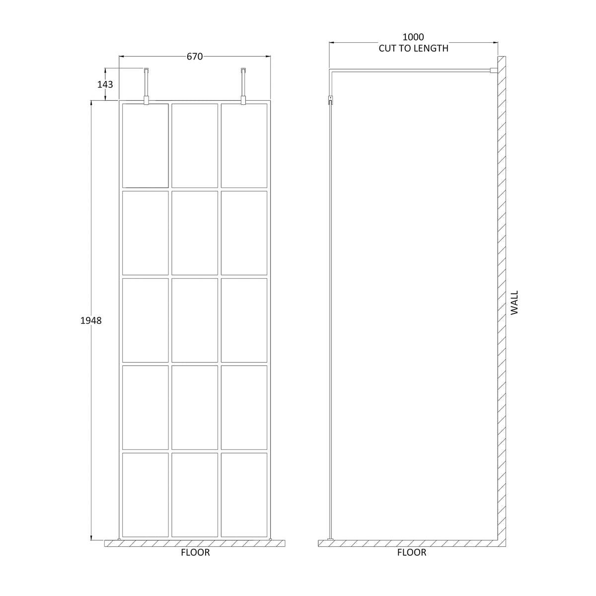 Fairford 700mm 8mm Matt Black Crittall Wetroom Screen, 2 Support Arms