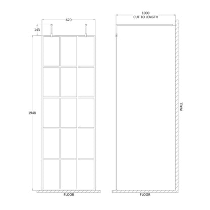 Fairford 700mm 8mm Matt Black Crittall Wetroom Screen, 2 Support Arms
