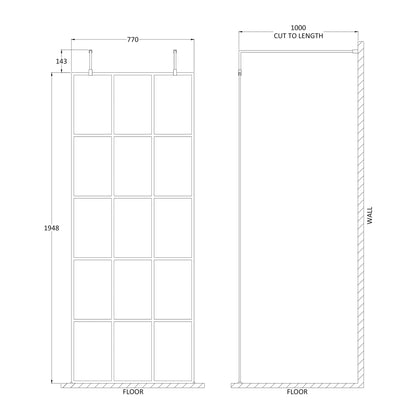 Fairford 800mm 8mm Matt Black Crittall Wetroom Screen, 2 Support Arms