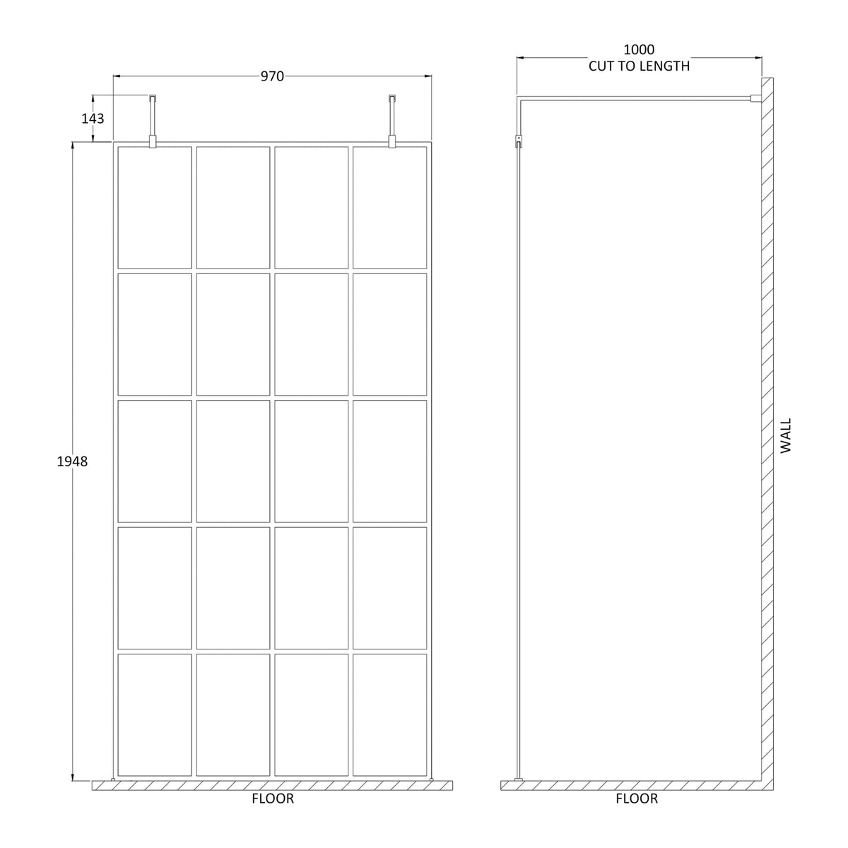Fairford 1000mm 8mm Matt Black Crittall Wetroom Screen, 2 Support Arms