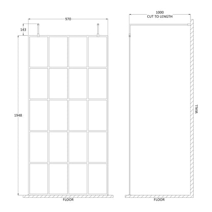 Fairford 1000mm 8mm Matt Black Crittall Wetroom Screen, 2 Support Arms