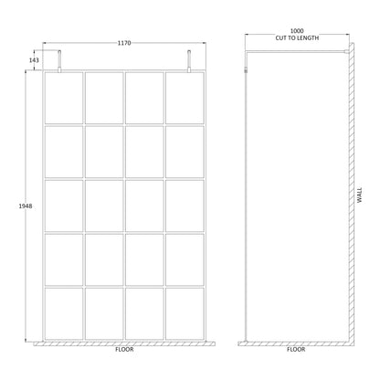 Fairford 1200mm 8mm Matt Black Crittall Wetroom Screen, 2 Support Arms