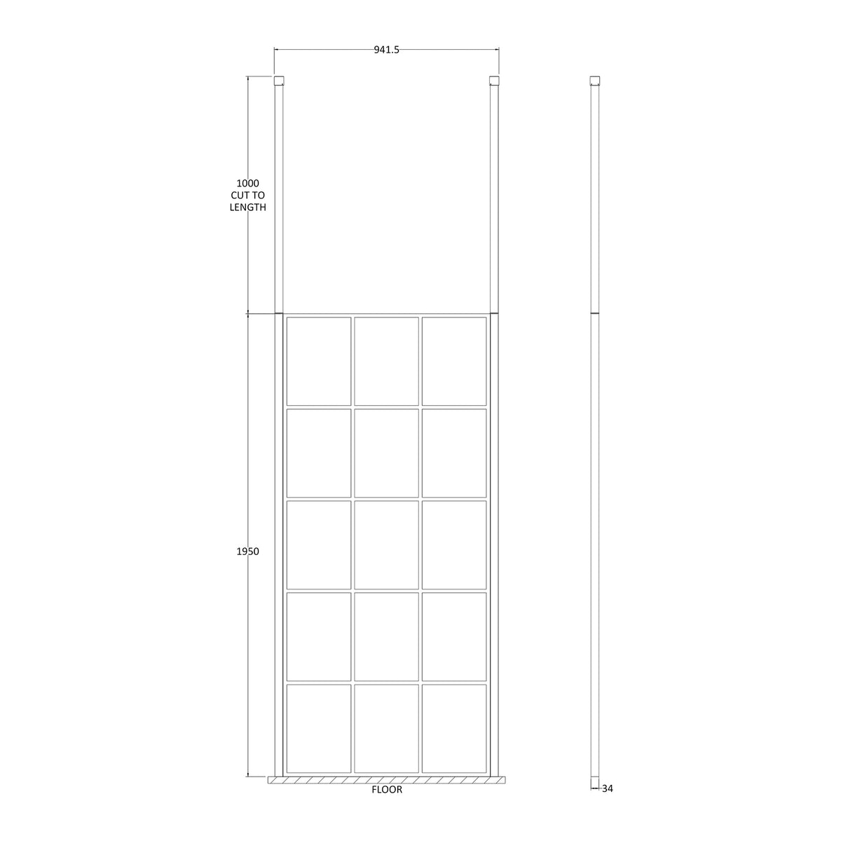 Fairford 900mm 8mm Matt Black Crittall Wetroom Screen, 2 Ceiling Posts