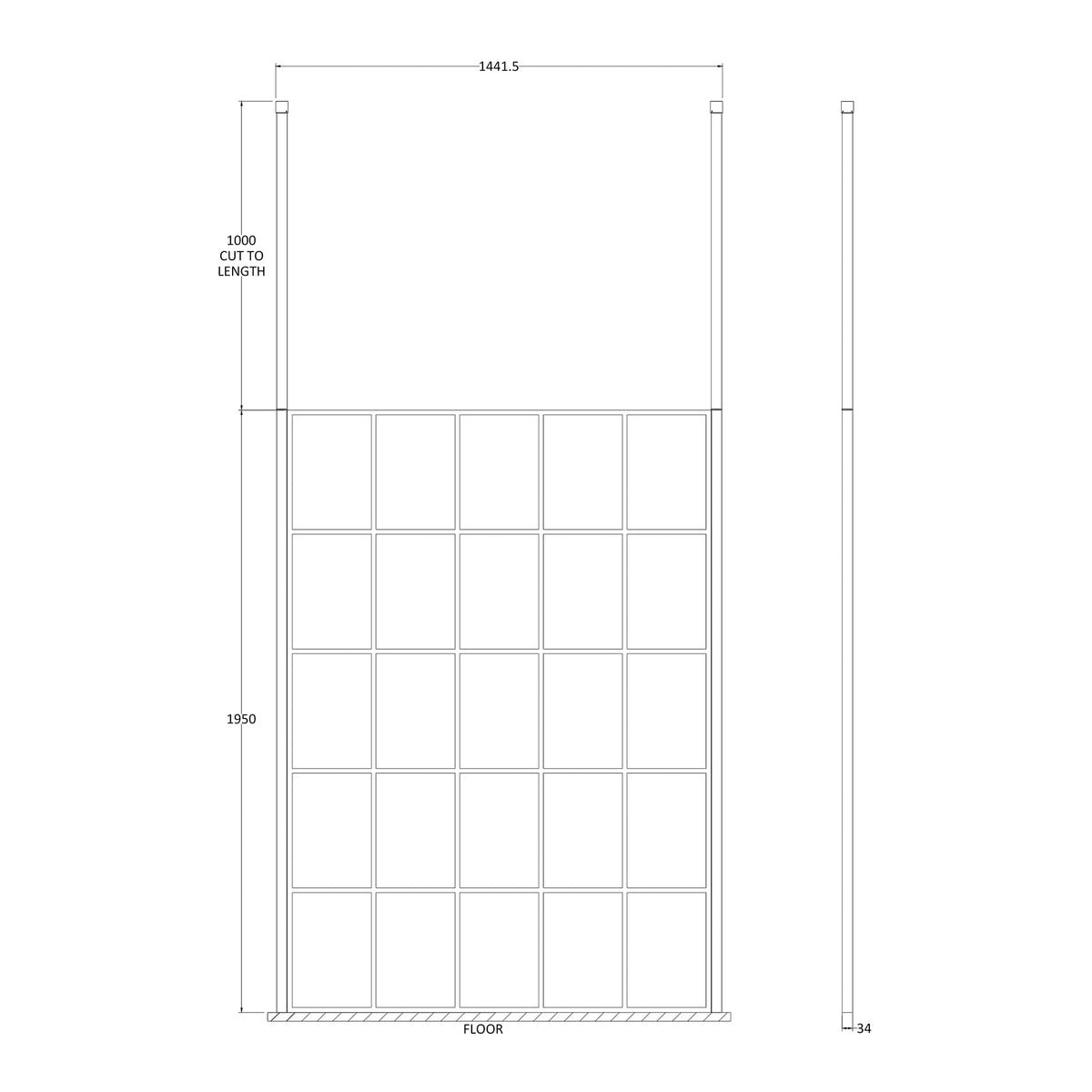 Fairford 1400mm 8mm Matt Black Crittall Wetroom Screen, 2 Ceiling Posts