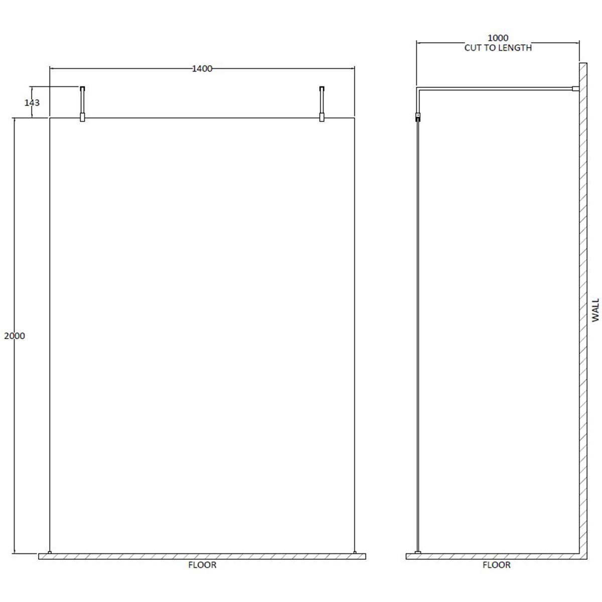 Fairford 1400mm 8mm Brushed Brass Wetroom Screen, 2 Support Arms