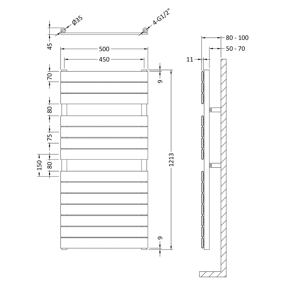 Fairford Flat Panel 1213 x 500mm Chrome Towel Rail