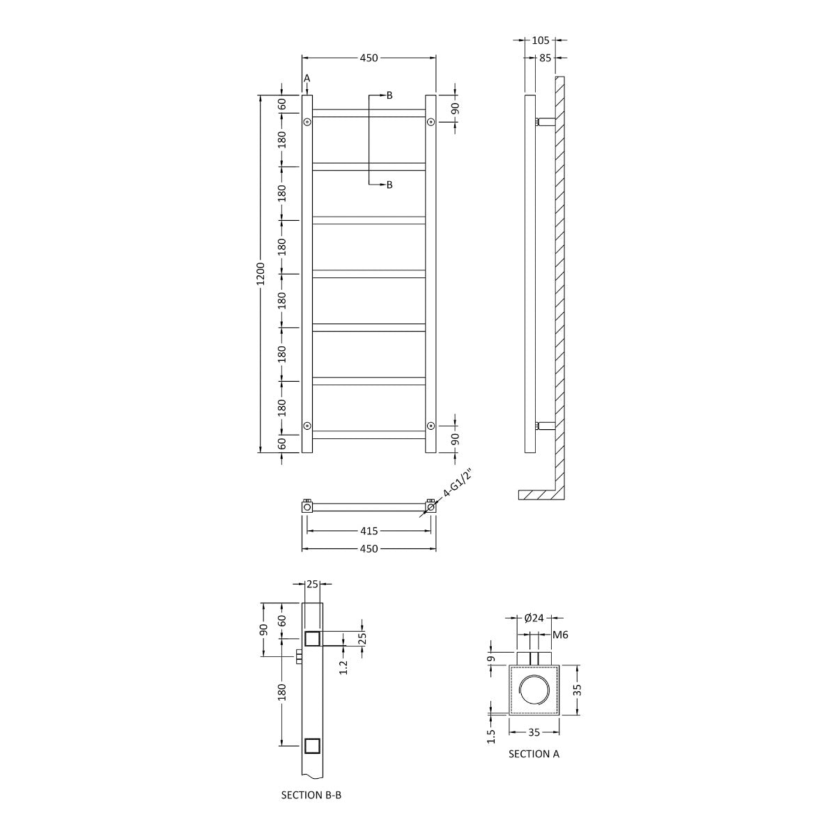 Fairford Cube 1200 x 450mm Chrome Towel Rail