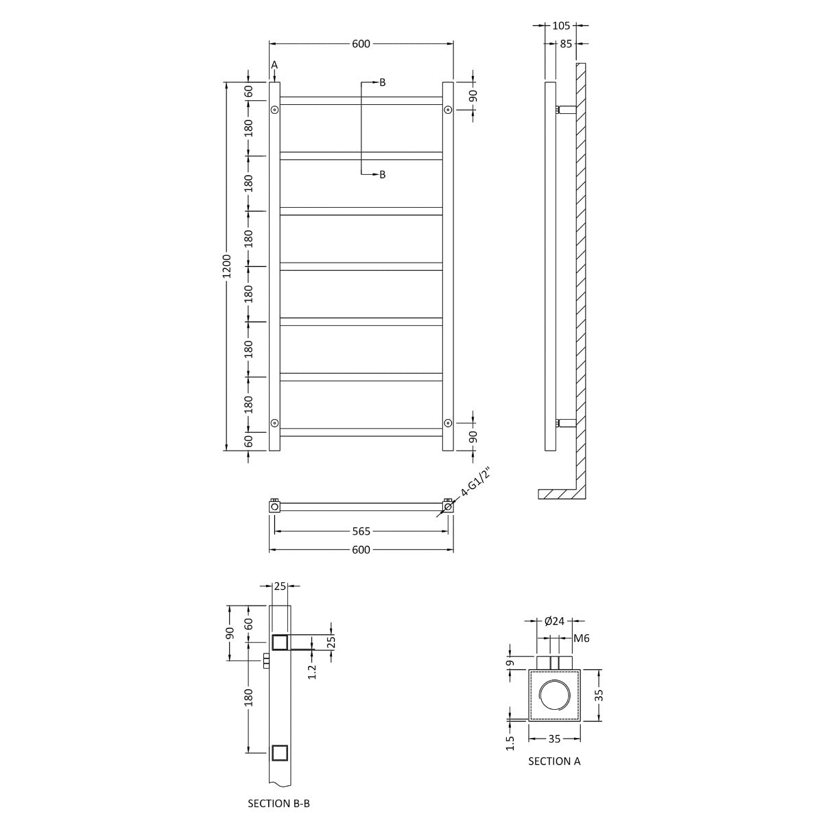 Fairford Cube 1200 x 600mm Chrome Towel Rail