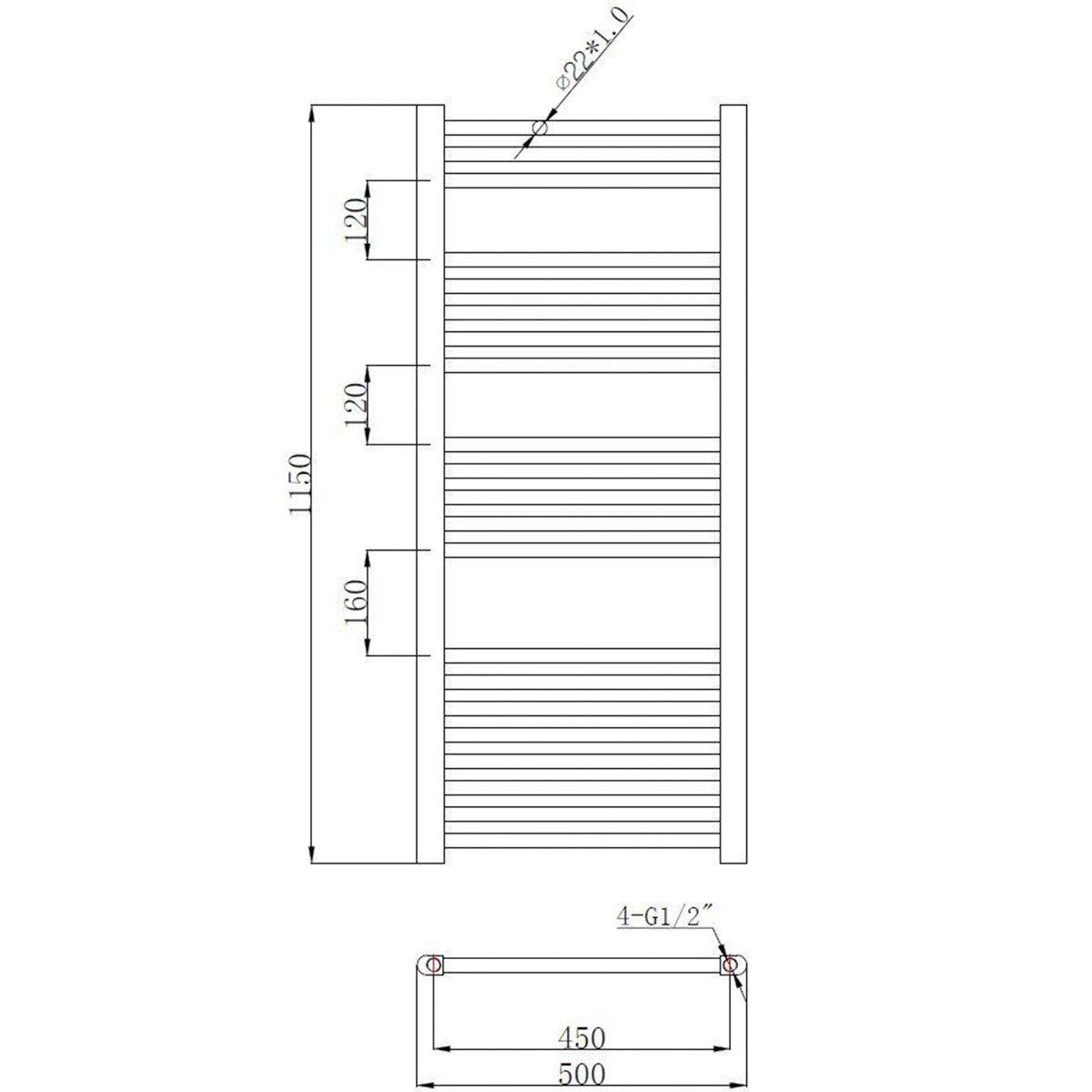 Fairford Straight 1150 x 500mm Anthracite Ladder Towel Rail