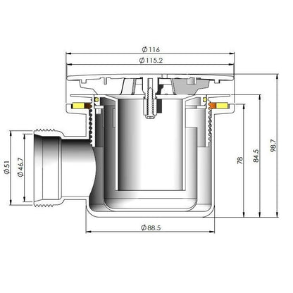 Brushed brass 90mm fast flow waste dimension drawing