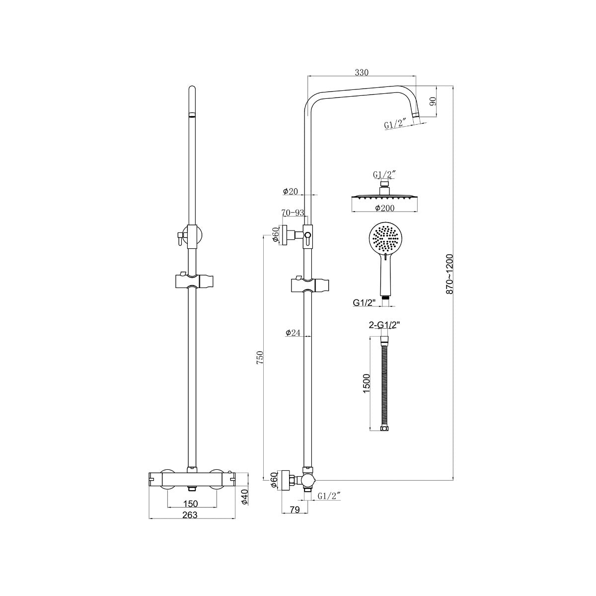 Fairford Element Exposed Round Shower Kit, Matt Black