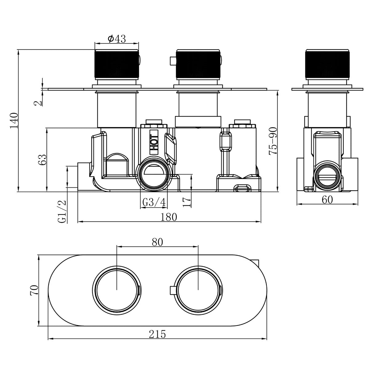Fairford Element Matt Black Round Concealed Twin Shower Valve, 1 Outlet