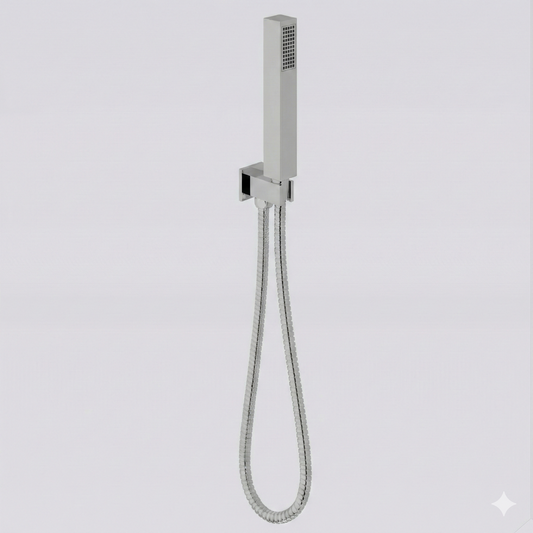 Fairford Una Pro Square Handset with Outlet Elbow, Bracket and Hose, Chrome