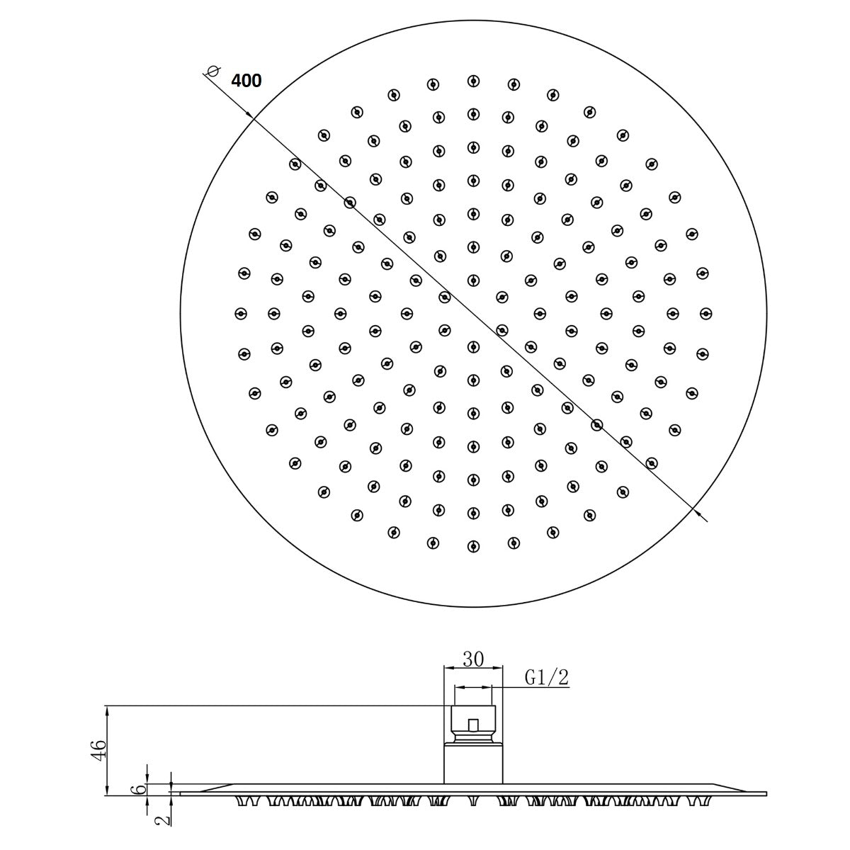 Fairford Element 400 x 400mm Round Overhead Shower Head, Chrome