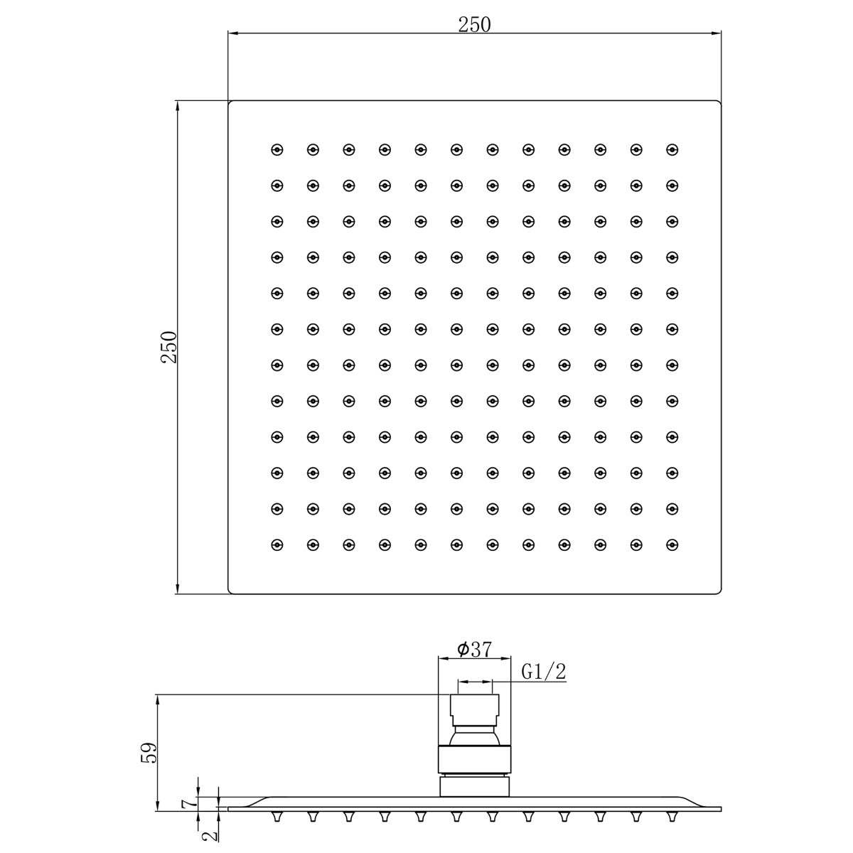 Fairford Una Matt Black 250 x 250mm Square Overhead Shower Head