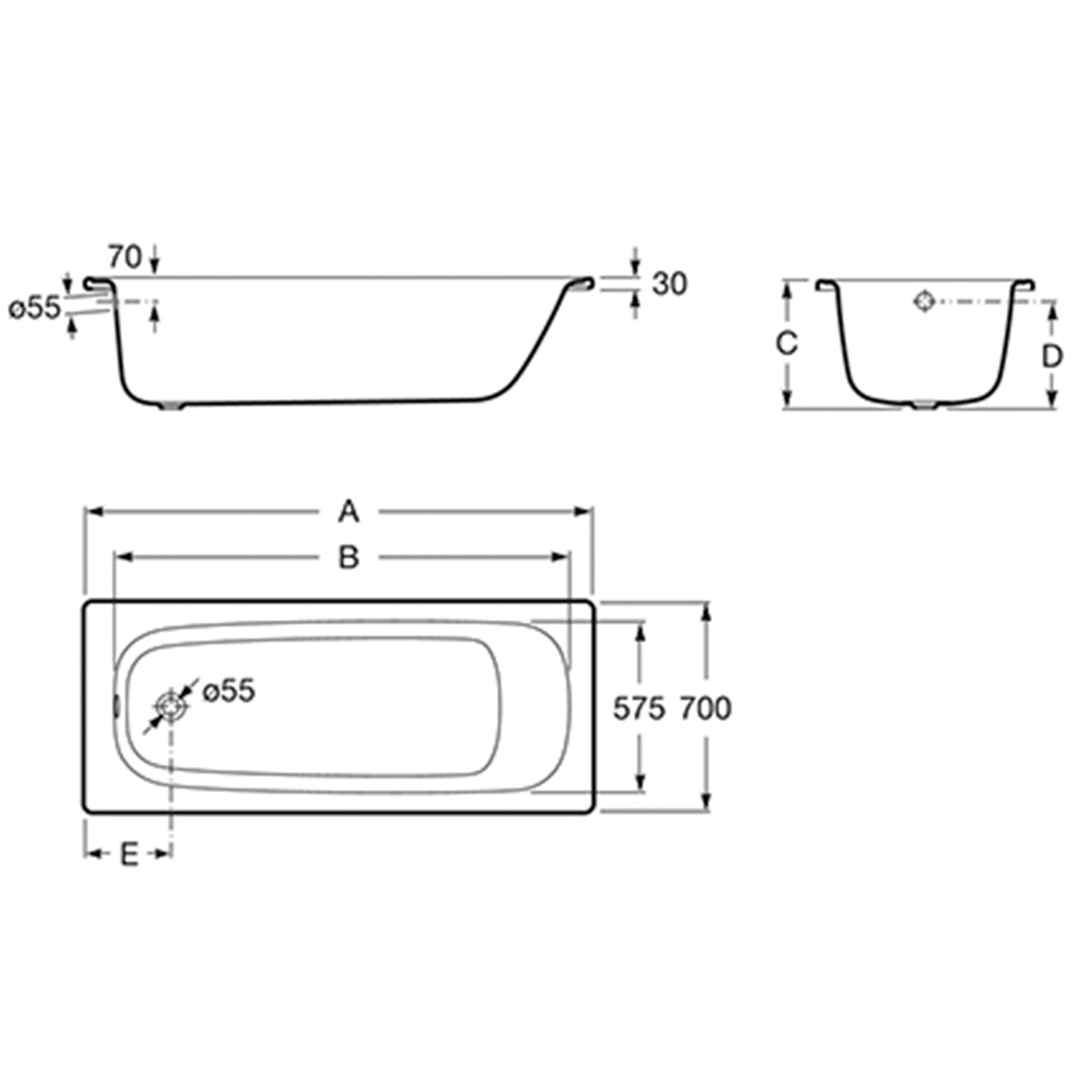 1500 x 700mm Steel Bath Twin Grips, 2TH, Anti Slip