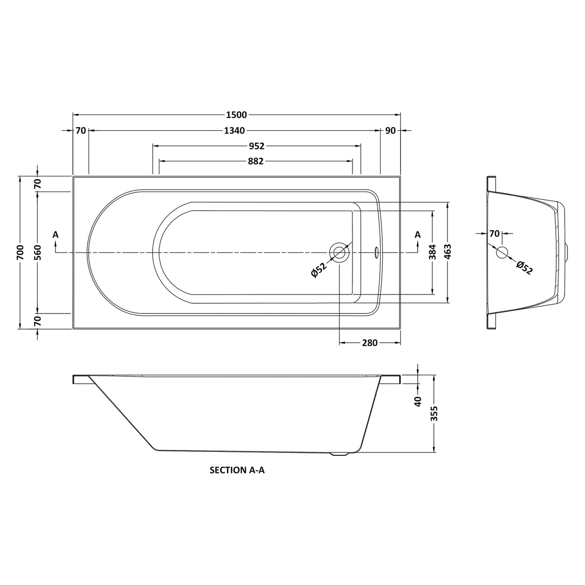 Fairford Novus 1500 x 700mm Single Ended Straight Bath, 0TH