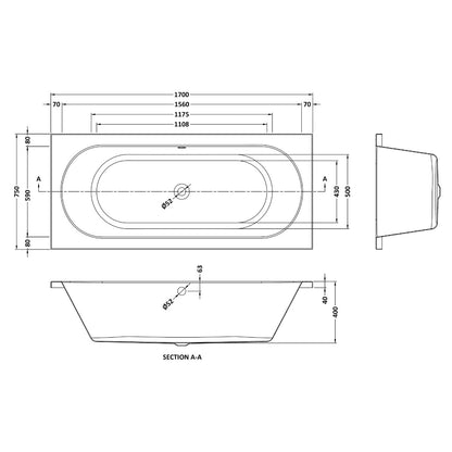 Fairford Ordo 1700 x 750mm Double Ended Straight Bath, 0TH
