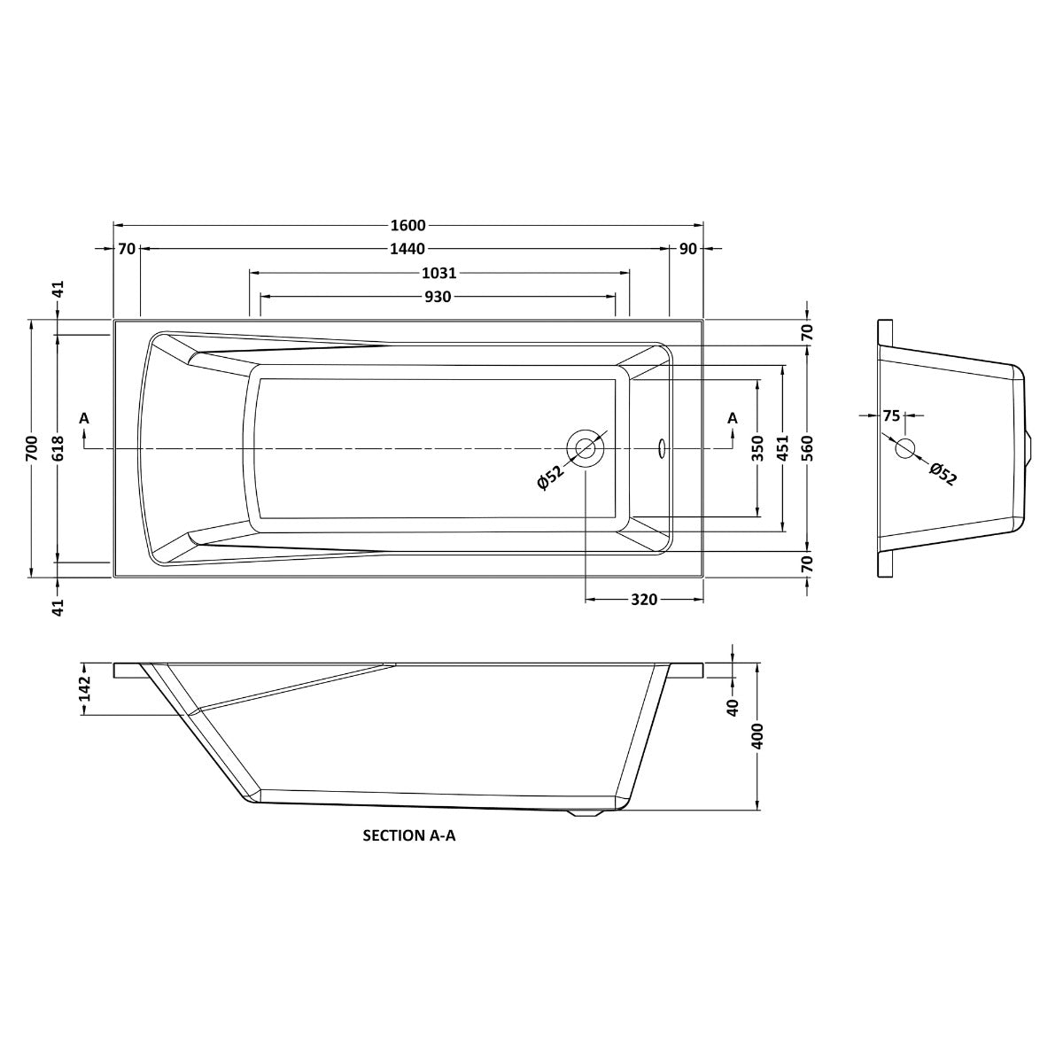 Fairford Dunsford 1600 x 700mm Sngl Ended Straight Bath, 0TH