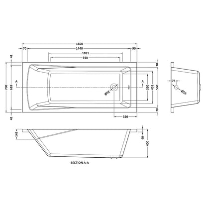 Fairford Dunsford 1600 x 700mm Sngl Ended Straight Bath, 0TH