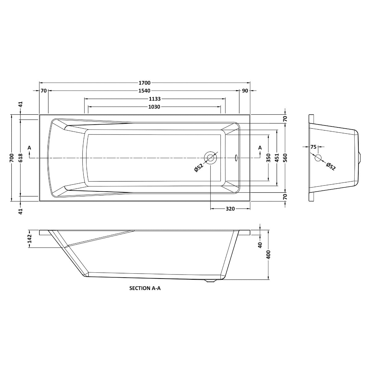 Fairford Dunsford 1700 x 700mm Sngl Ended Straight Bath, 0TH