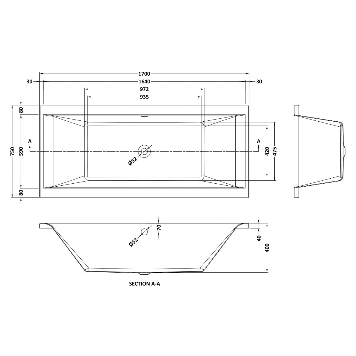 Fairford Onero 1700 x 750mm Double Ended Straight Bath, 0TH
